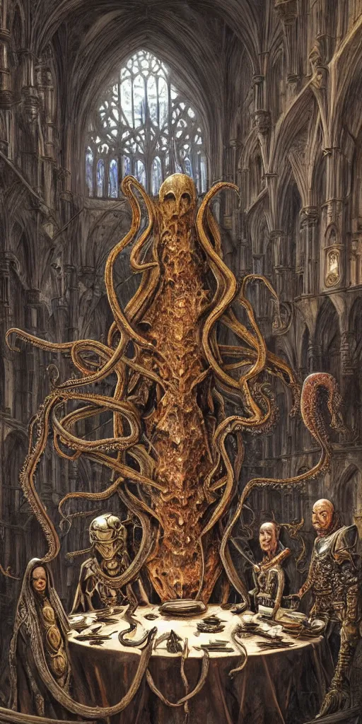 Prompt: mages with human bodies and magical armour with octopus heads sitting near the table in an ancient mage castle with enormous scale, gothic and baroque, brutalist architecture, ultradetailed, Intricate by John Howe and Josan Gonzalez and Giuseppe Arcimboldo