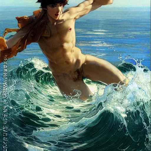 Image similar to epic battle brown haired boy summons a huge wave of water. jc leyendecker shigenori soejima. gaston bussiere