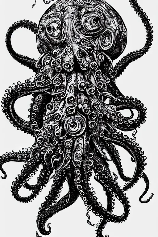 Image similar to black ink on paper, alien octopus, trending on artstation, beautiful, intricate, detailed