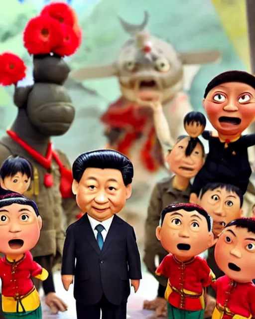 Image similar to xi jinping as a highly detailed stop motion puppet addressing the chinese military before invasion of taiwan, in the style of laika studios ’ s paranorman, coraline, kubo and the two strings