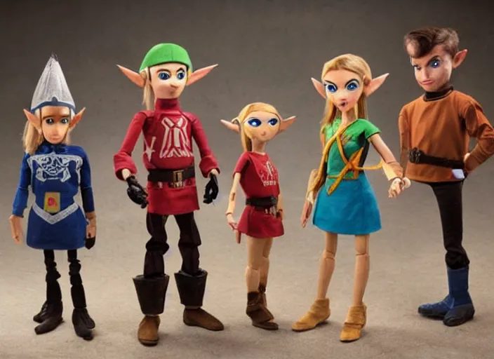 Image similar to still from a live - action tv show in the style of thunderbirds with marionette puppets, starring link and princess zelda and zelda monsters in hyrule or in dungeons. wooden puppets wearing clothing made of fabric. photographic ; realistic ; highly - detailed.