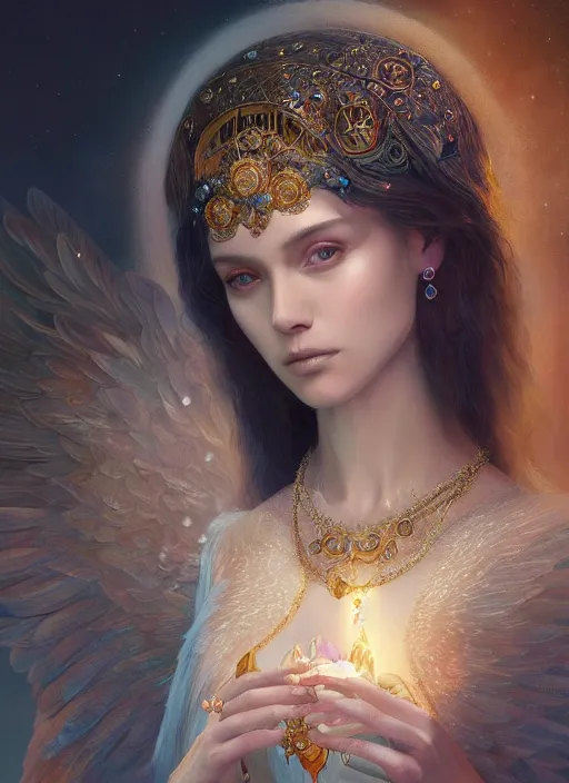 Image similar to A beautiful digital painting of a female Seraphim full of jewels, princess, the moon behind her, intricate, cinematic lighting, highly detailed, digital painting, Artstation, concept art, smooth, sharp focus, illustration, art by Tom Bagshaw, Artgerm and Greg Rutkowski