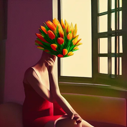 Image similar to closeup, giant flower head, woman next to modern windows, luxury apartment, surreal photography, dramatic light, impressionist painting, digital painting, artstation, james gilleard