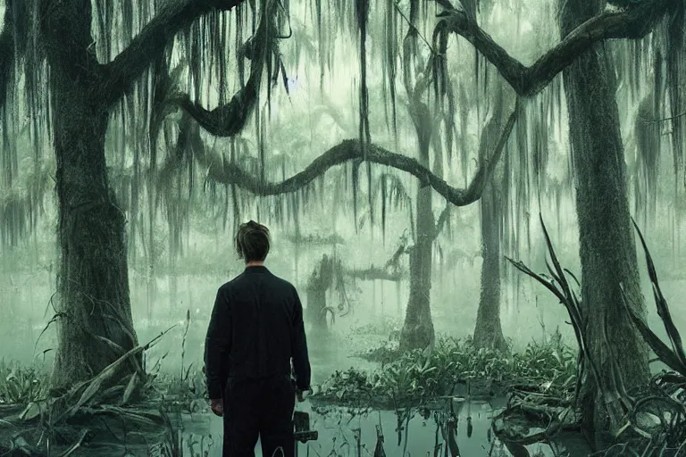 Image similar to scene from louisiana swamps, true detective, artwork 8 0 s japanese sci - fi books art