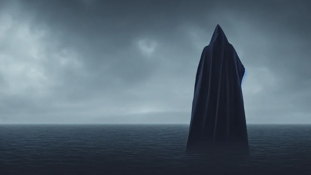 Image similar to dark mysterious hooded figure hovering above a dark ocean, 8K, concept art, cinematic, blue, black, gray, filmic, HDR, hyperrealism, volumetric lighting