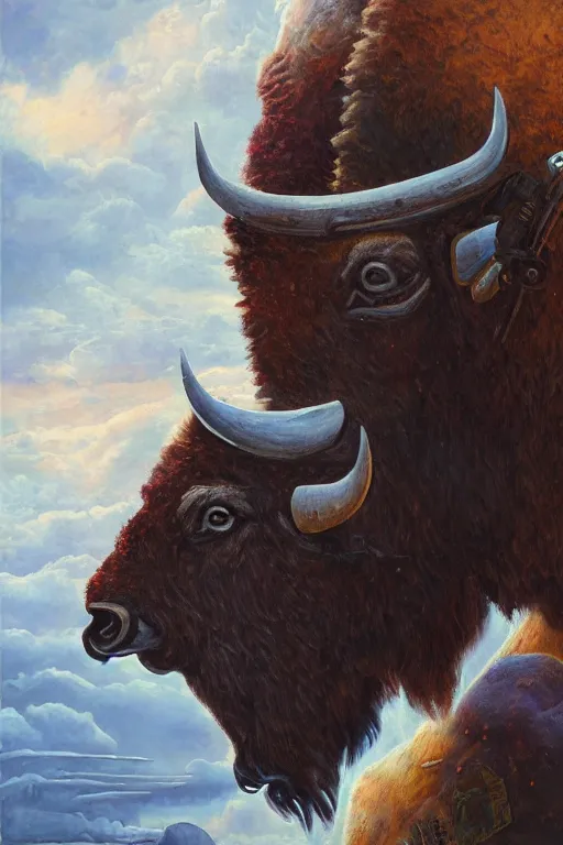 Image similar to bison astronaut, oil on canvas, intricate, portrait, 8 k highly professionally detailed, hdr, cgsociety