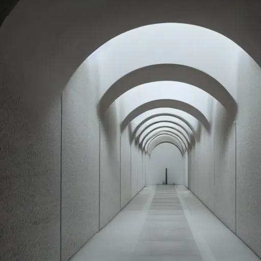 Prompt: an underground pool that leads into a curved hallway, all white ceramic tiles, dark lighting, surreal, liminal space,