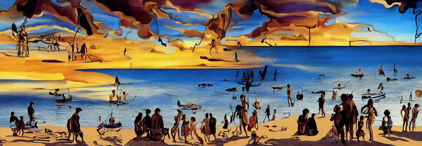 Prompt: People in beach by Salvador Dali and Bob Ross collaboration, mural, sun set, digital art, high details