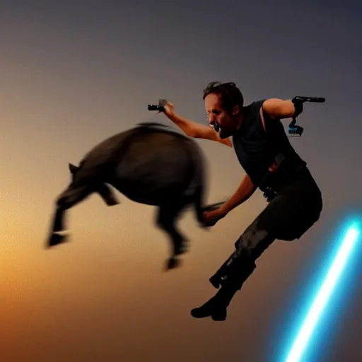 Image similar to Determined man jumping through the air with a lightsaber to attack a screaming donkey