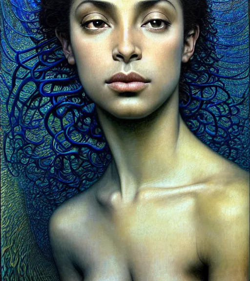 Image similar to detailed realistic beautiful young sade adu face portrait by jean delville, gustave dore and marco mazzoni, art nouveau, symbolist, visionary, gothic, pre - raphaelite. horizontal symmetry by zdzisław beksinski, iris van herpen, raymond swanland and alphonse mucha. highly detailed, hyper - real, beautiful