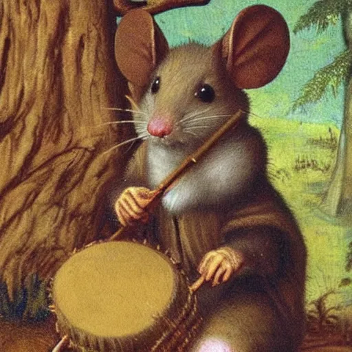 Image similar to mouse holding a drum, sitting in the forrest, medieval portrait, close up