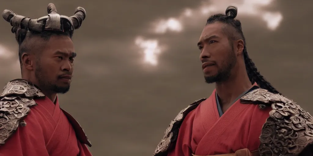 Image similar to a film still of a light skinned black man starring as an ancient samurai in a japanese blockbuster film, the sky is red, shallow depth of field, cinematic, award winning cgi, vfx, film still
