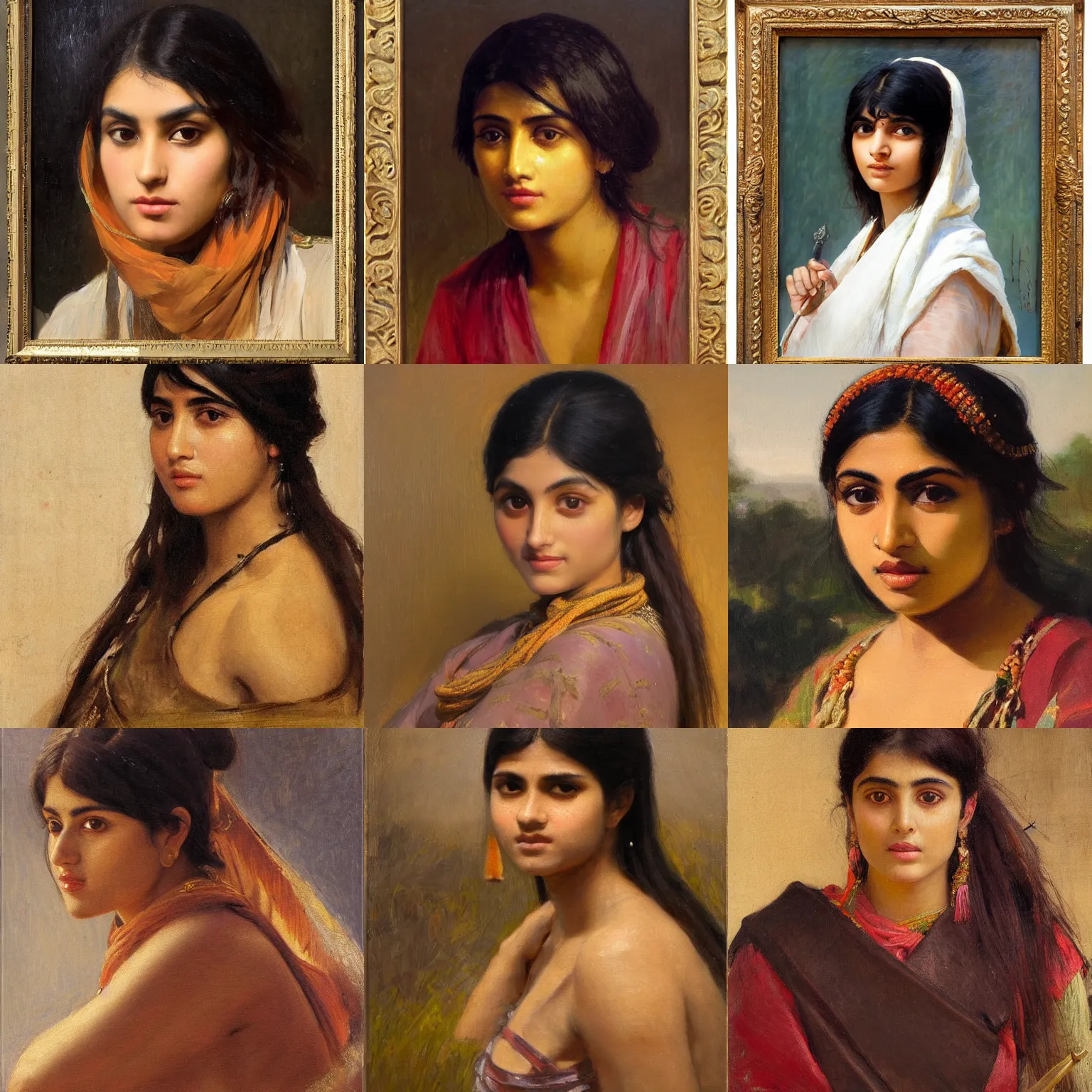 Prompt: orientalism painting of a pretty young pakistani woman with thick bangs in a canoe face detail by theodore ralli and nasreddine dinet and anders zorn and edwin longsden long, bronze age, sword and sorcery, oil on canvas, masterful intricate artwork, excellent lighting, high detail 8 k