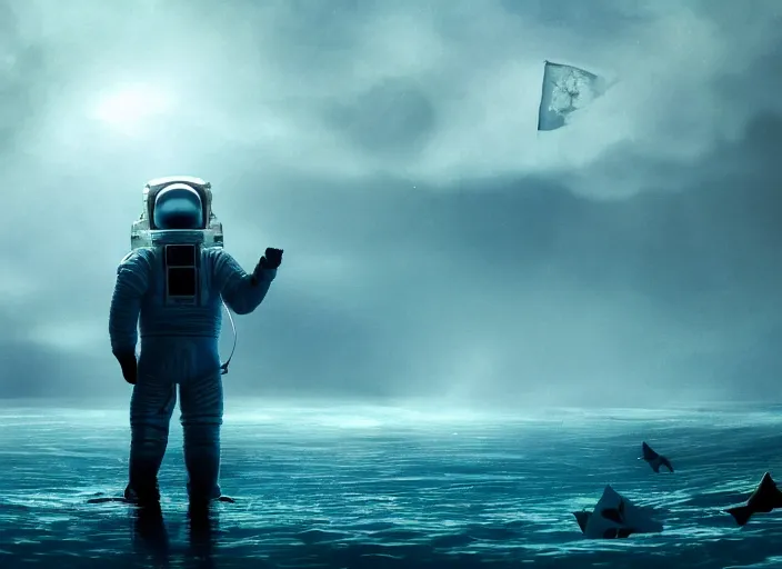 Image similar to astronaut holding a flag in an underwater desert. a submarine is visible in the distance. dark, concept art, cinematic, dramatic, atmospheric, 8 k, trending on artstation, blue, fish, low visibility, fog, ocean floor, christopher nolan, interstellar