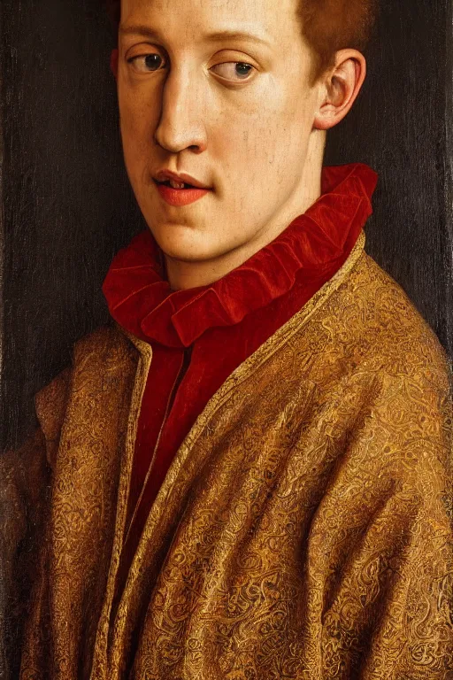 Prompt: renaissance 1 6 0 0 portrait of miles teller, oil painting by jan van eyck, northern renaissance art, oil on canvas, wet - on - wet technique, realistic, expressive emotions, intricate textures, illusionistic detail