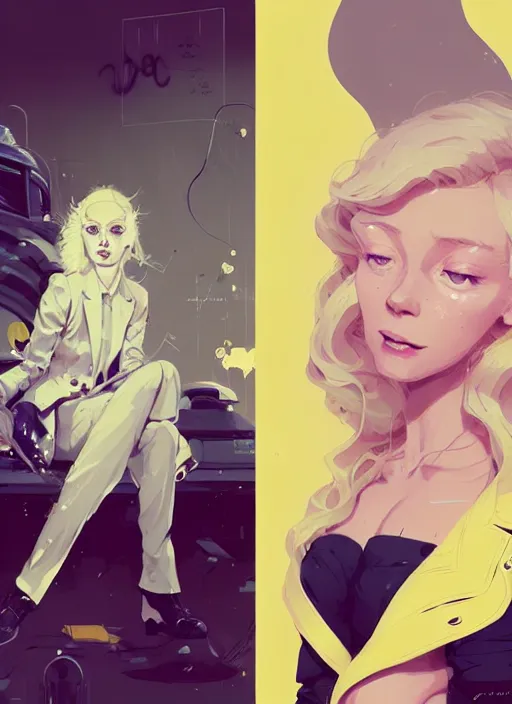 Image similar to highly detailed closeup portrait of beautiful portia doubleday, blonde wavy hair, angela moss, white suit by atey ghailan, by greg rutkowski, by greg tocchini, by james gilleard, by joe fenton, by kaethe butcher, gradient yellow, black and white color scheme, grunge aesthetic!!! ( ( graffiti tag wall background ) )