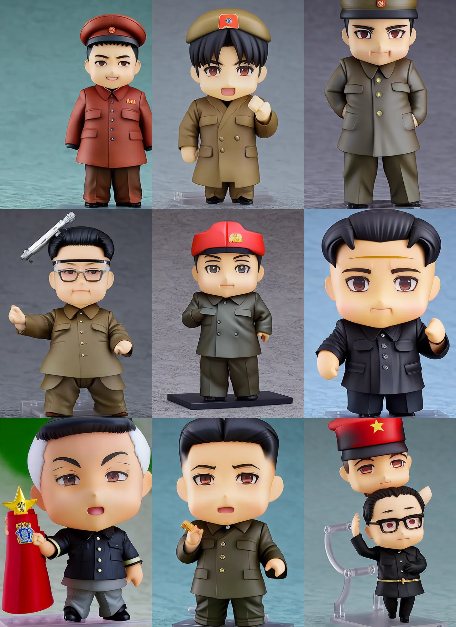 Prompt: an anime nendoroid of kim jong un holding onto a nuclear bomb, detailed product photo