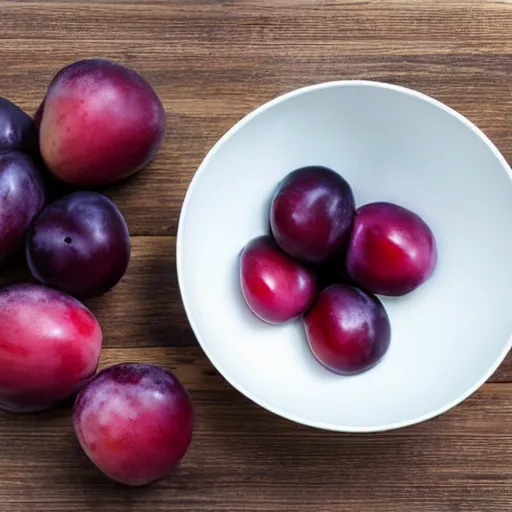 Prompt: a thick porcelain bowl filled with six large moist freshly picked plums on a wooden table. volumetric lighting. 4 k. small scale.