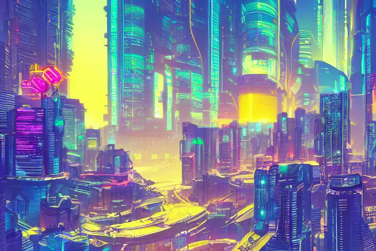 Image similar to optimistic bright utopian cyberpunk city