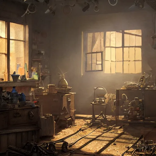 Image similar to A dusty toymaker’s workshop lit by a large glowing window, volumetric atmosphere with dramatic sunlight and shadows, Dean Morrissey and Craig Mullins photo illustration, highly detailed, 8k resolution, hyperrealistic, Maya render.