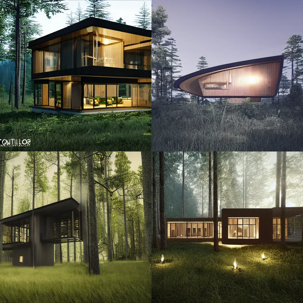 Image similar to a house in the middle of the forest, lights inside, contemporary architecture, architecture render, unreal engine, detailed