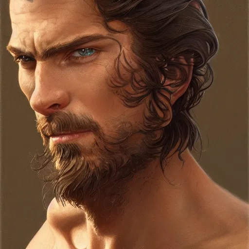 Image similar to portrait of a young, ruggedly handsome ranger, muscular, half body, leather, hairy, d & d, fantasy, intricate, elegant, highly detailed, digital painting, artstation, concept art, smooth, sharp focus, illustration, art by artgerm and greg rutkowski and alphonse mucha