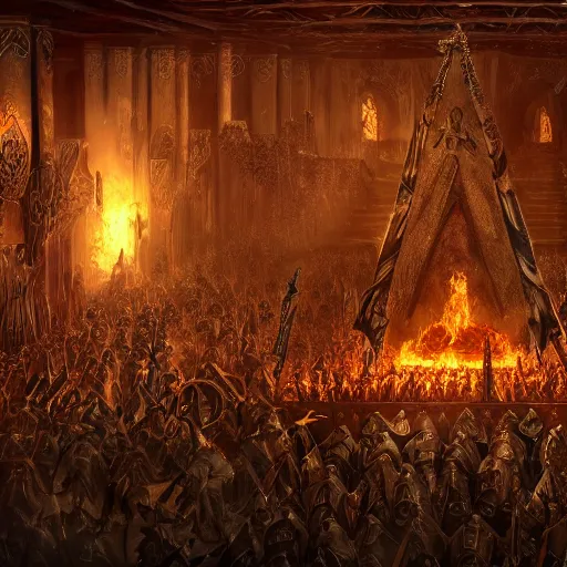 Image similar to satanists in masonic lodge during a medieval battle, warcraft style, realistic 4k octane beautifully detailed render, 4k post-processing, highly detailed, intricate complexity, epic composition, magical atmosphere, cinematic lighting, masterpiece, ultra hd