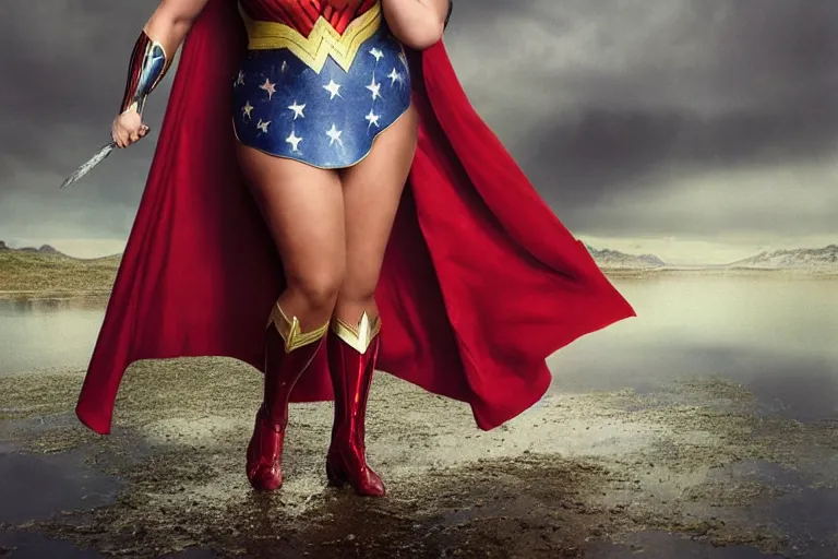 Image similar to a cinematic painting of gemma collins as wonderwoman near a lake on a rainy day, beautiful lighting, high depth, ultra realistic, artistic, by annie leibovitz