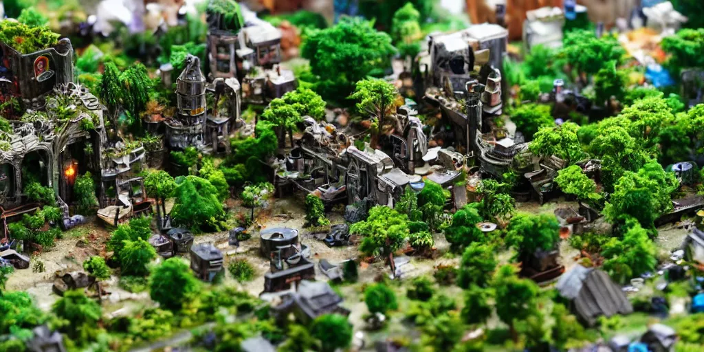 Image similar to PC motherboard village, fantasy, trees, green plants, broken parts, houses on motherboard, mold, tiny villagers, PC hardware, high quality, highly detailed