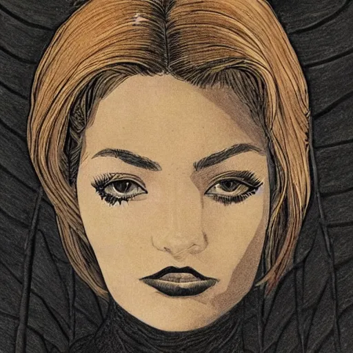 Prompt: drawing of a beautiful woman with black wings, by Moebius