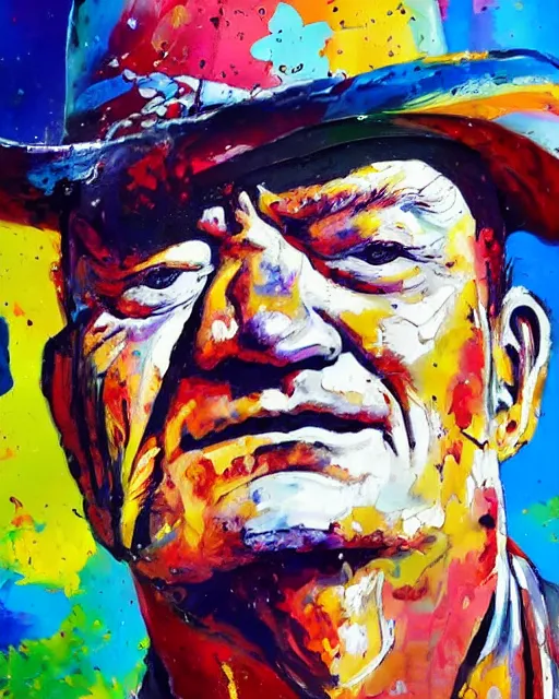 Prompt: abstracted John Wayne painted in extremely thick, glistening impasto splatter paint, in muted colors, in impressionist styles