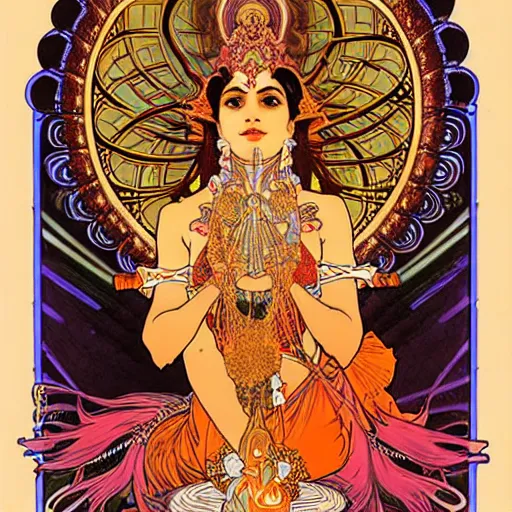 Prompt: hindu goddess of firespinning, by alphonse mucha, burning man, fire poi, fire staff, tesseract, intricate