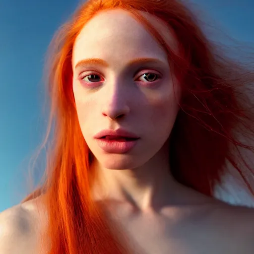 Image similar to photographic portrait of a stunningly beautiful renaissance female in soft dreamy light at sunset, red hair, fre kles, pale skin, contemporary fashion shoot, by edward robert hughes, annie leibovitz and steve mccurry, david lazar, jimmy nelsson, breathtaking, 8 k resolution, extremely detailed, beautiful, establishing shot, artistic, hyperrealistic, beautiful face, octane render