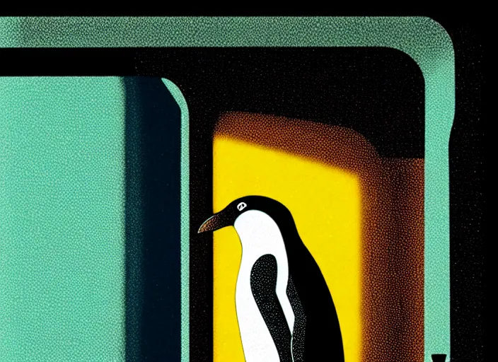 Image similar to penguin inside a refrigerator, colorful,modern art deco, Mads Berg, Karolis Strautniekas,small finely stippled light, dramatic lighting, editorial illustration, detailed, matte print, film noir, dynamic composition,moody