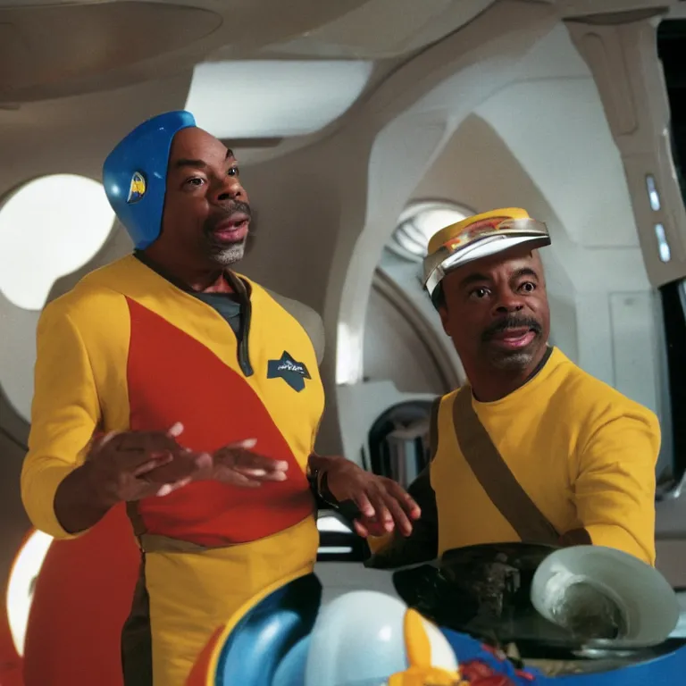 Image similar to levar burton wearing retro visor and frisbees and plastic mixing bowls on his head on the starship enterprise