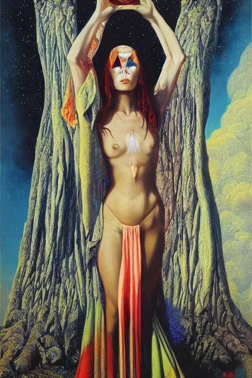Prompt: gorgeous robed cult girl performing realism third eye ritual, expanding energy into waves into the ethos, epic surrealism 8k oil painting, portrait, depth of field, perspective, high definition, post modernist layering, by Ernst Fuchs, Gerald Brom