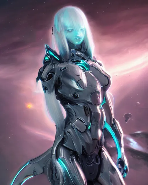 Prompt: perfect android girl on a mothership, warframe armor, beautiful face, scifi, futuristic, galaxy, raytracing, dreamy, digital painting, long white hair, blue cyborg eyes, sharp focus, intricate, highly detailed, artstation, intricate, innocent, art by gauthier leblanc, kazuya takahashi, huifeng huang