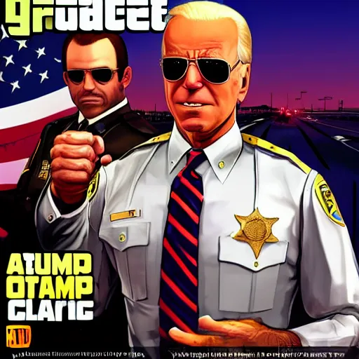 Image similar to joe biden wearing aviators and a sheriff outfit while laughing and arresting trump in gta v, cover art by stephen bliss, boxart, loadscreen