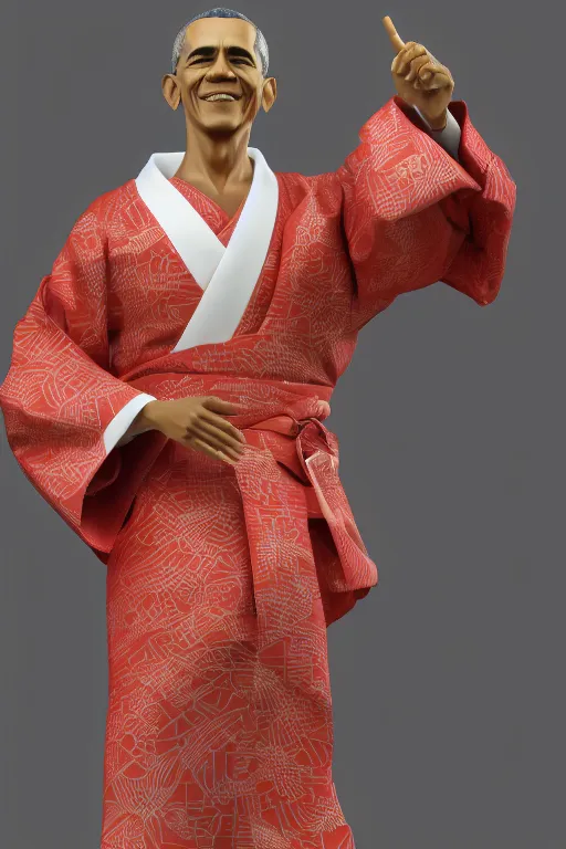 Image similar to full body 3d render of barack obama as an anime figurine wearing a beautiful kimono, shinto shrine, blender, trending on artstation, 8k, highly detailed, bokeh, depth of field