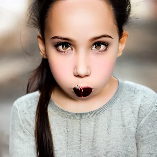 Image similar to photograph of girl with big forehead with square face and small bird beak lips and small round nose and dark black, high detail 8k,