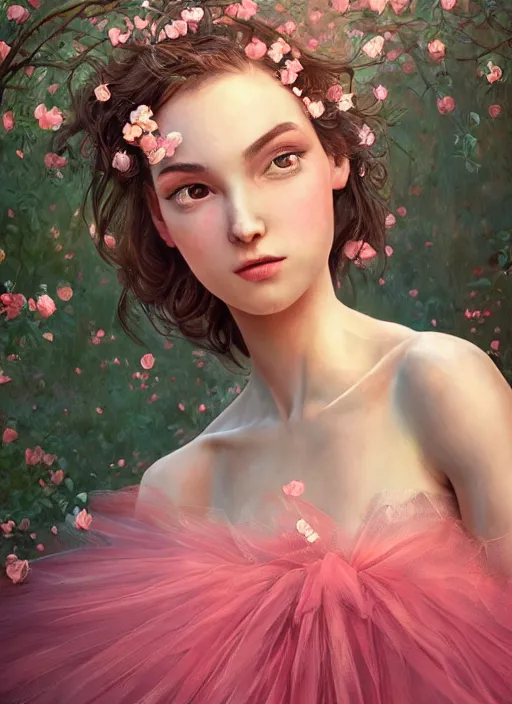 Prompt: stunningly beautiful face, prima ballerina in rose garden, symmetrical face, tutu, golden hour, smooth, focus, highly detailed, hyper realistic, dramatic lighting, elegant, intricate, concept art, art by wlop, mars ravelo, greg rutowski, artstation