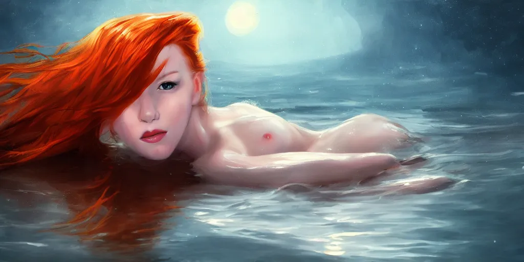 Image similar to redhead beautiful girl bathing in a river, illustration, night moonlight, digital art, oil painting, fantasy, 8 k, trending on artstation, detailed