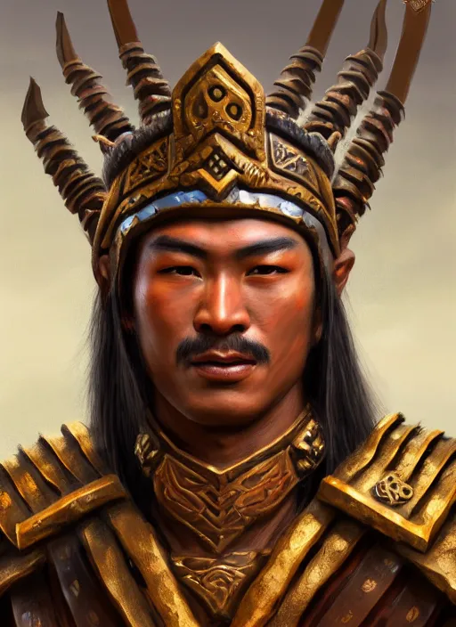 Image similar to smart tai warlord, ayothaya, closeup portrait, without beard and mustache, historical hero, ethnic group, tai costume, tai traditional bronze headdress, intricate, with leather armor cross on bare chest, elegant, loin cloth, highly detailed, oil painting, artstation, concept art, matte, sharp focus, illustration, hearthstone, art by earl norem