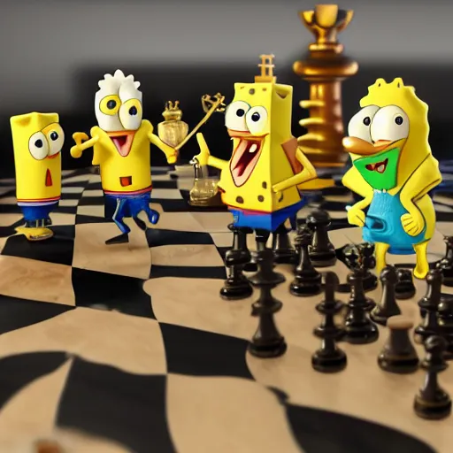 Prompt: “SpongeBob playing chess.3d render. Octane rendered. Trending on artstation.”