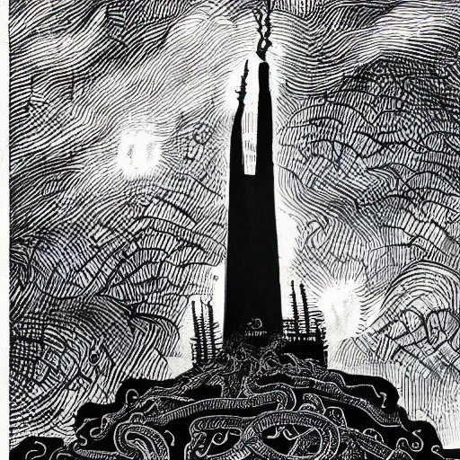 Prompt: A black stone monolith with black tentacles floating above a medieval city. Detailed. High contrast colour scheme