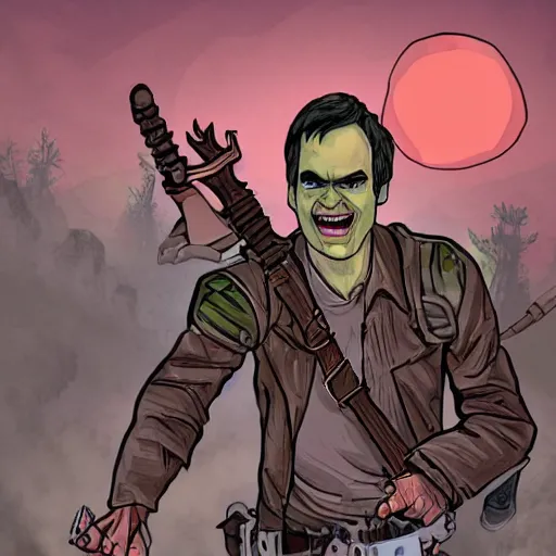 Prompt: Joyful undead Bill Hader in the wastelands, digital post-apocalyptic comic art