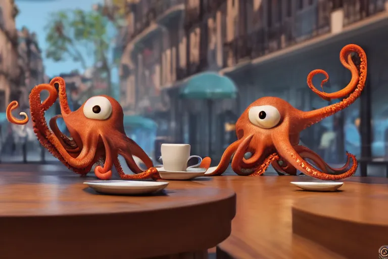 Image similar to Angry little octopus threatening with a fist from a cup of coffee in beautiful morning café in Paris. Pixar Disney 4K 3d render funny animation movie Oscar winning trending on ArtStation and Behance. Oscar Award winner