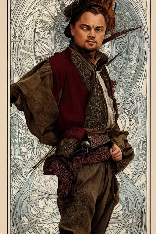 Prompt: Leonardo DiCaprio as a jester, detailed full body portrait by james gurney and artgerm and Mucha, amazing detail, intricate, stunning inking lines, 4K, character design, concept art