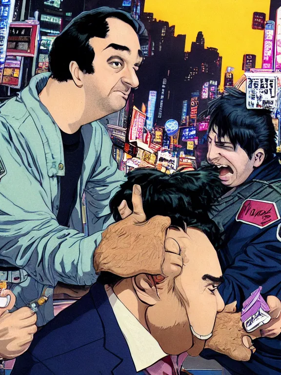 Image similar to rich evans defends mike stoklasa from a crackhead wookie in neo tokyo, hyperrealistic, 4 k, ultra detailed, intricate detail, photorealistic.