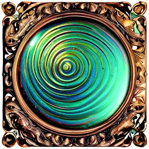 Image similar to Art Nouveau cresting oil slick waves, hyperdetailed bubbles in a shiny iridescent oil slick wave, ornate copper patina medieval ornament, rococo, baroque spirals